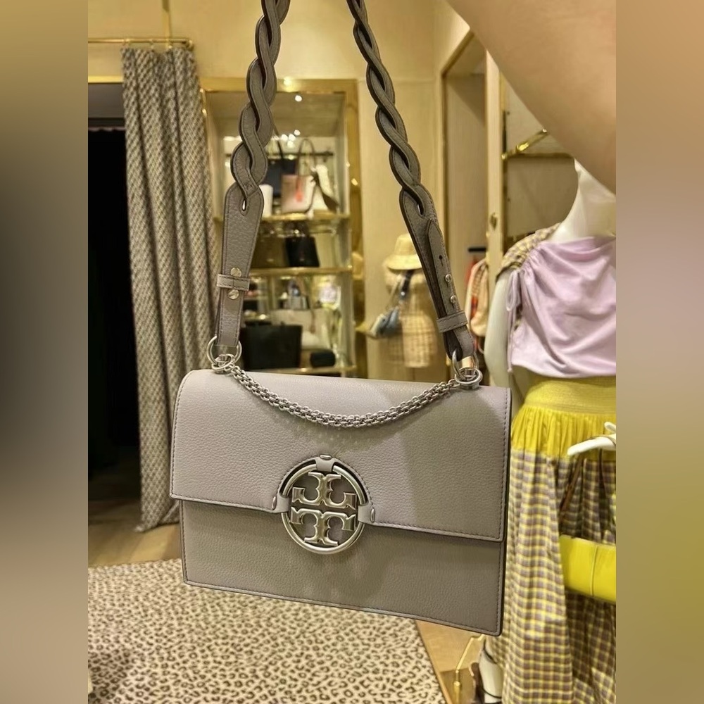 TORY BURCH Miller Flap Shoulder Bag,Purse,Handbag,Gray,Logo,Chain,Leather,NWT